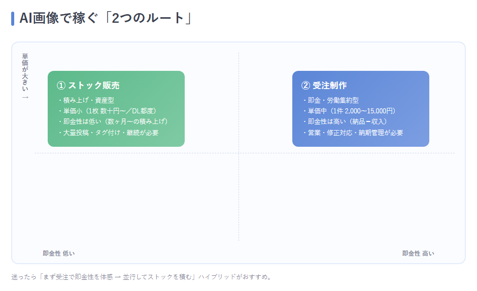 「ストック販売（積み上げ・資産型／単価小・即金性低）」と「受注制作（即金・労働集約型／単価中・即金性高）」を2軸マトリクスで比較