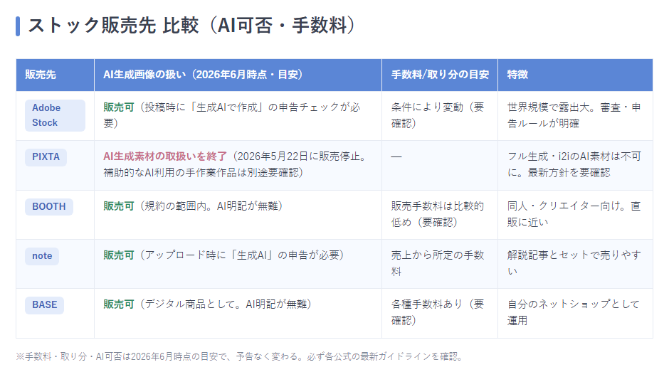 販売先比較表（Adobe Stock / PIXTA / BOOTH / note / BASE をAI生成画像の可否・手数料目安・特徴で比較）