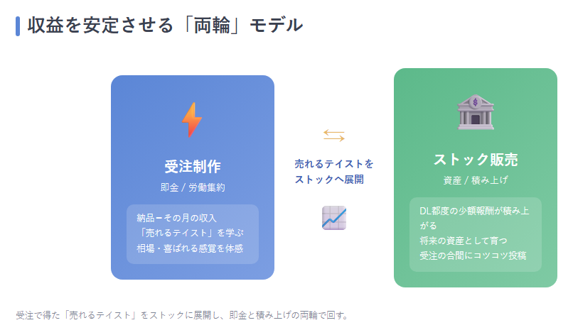「即金（受注）×資産（ストック）」を両輪で回す収益安定モデル図