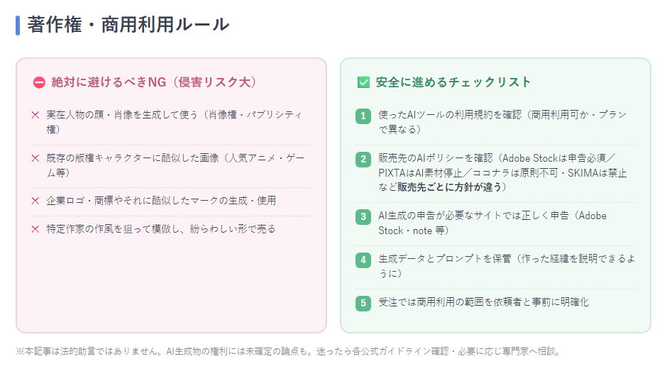 「やってはいけないNG例」と「安全に進めるためのチェックリスト」を対比したインフォグラフィック