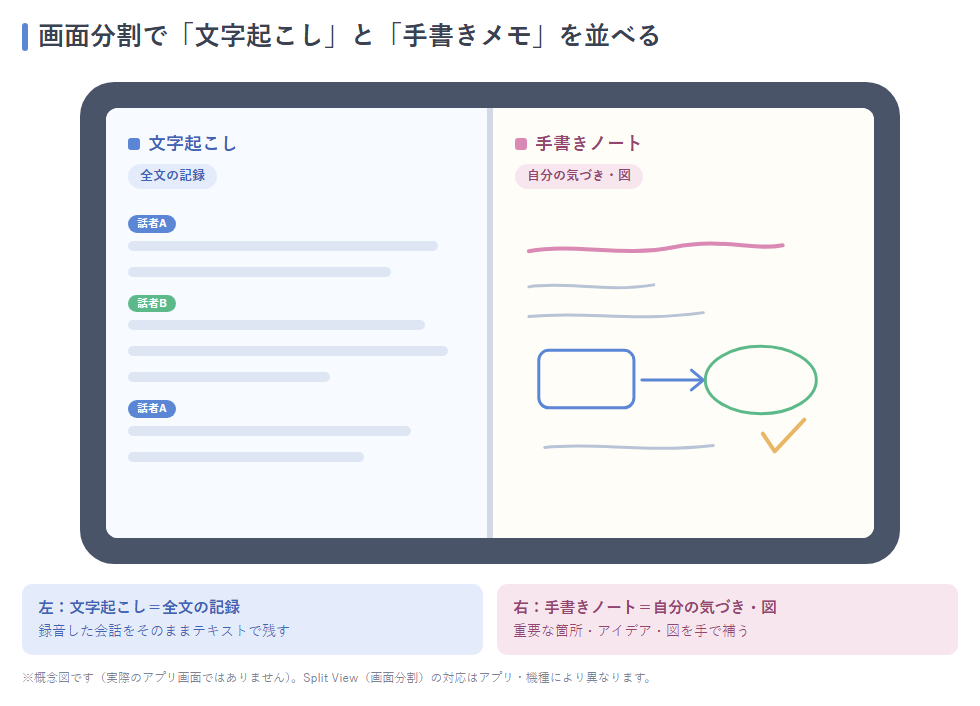 iPadの画面分割で左に文字起こし、右に手書きノートを並べたイメージ