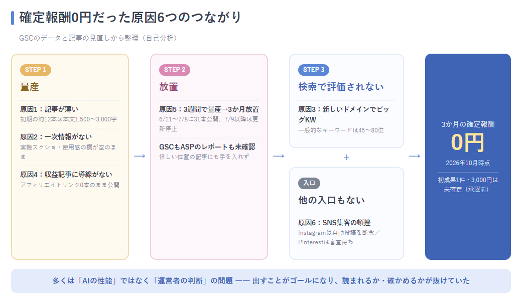 量産→放置→検索で評価されない流れで示した原因6つの関係図